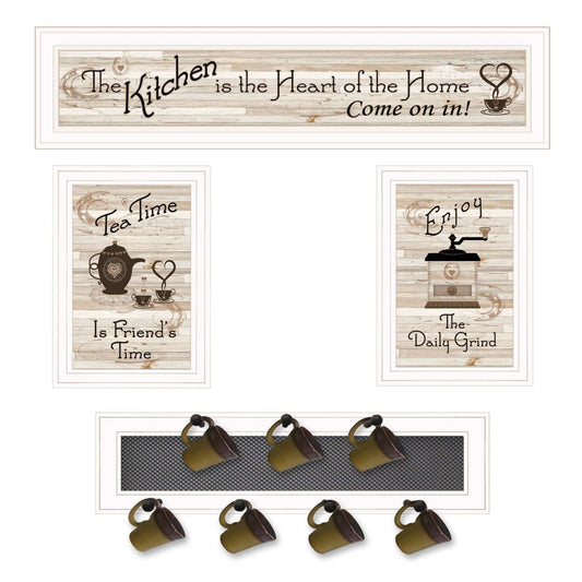 Set Of Four Kitchen Collection Seven Peg Mug Rack White Framed Print Kitchen Wall Art - Homeroots - Flyclothing LLC