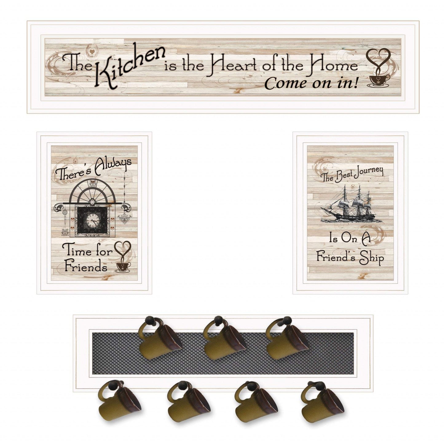 Set Of Four Kitchen Print 33x8 and Mug RackHorizonal 27x8x3 White Frame White Framed Print Kitchen Wall Art - Homeroots - Flyclothing LLC