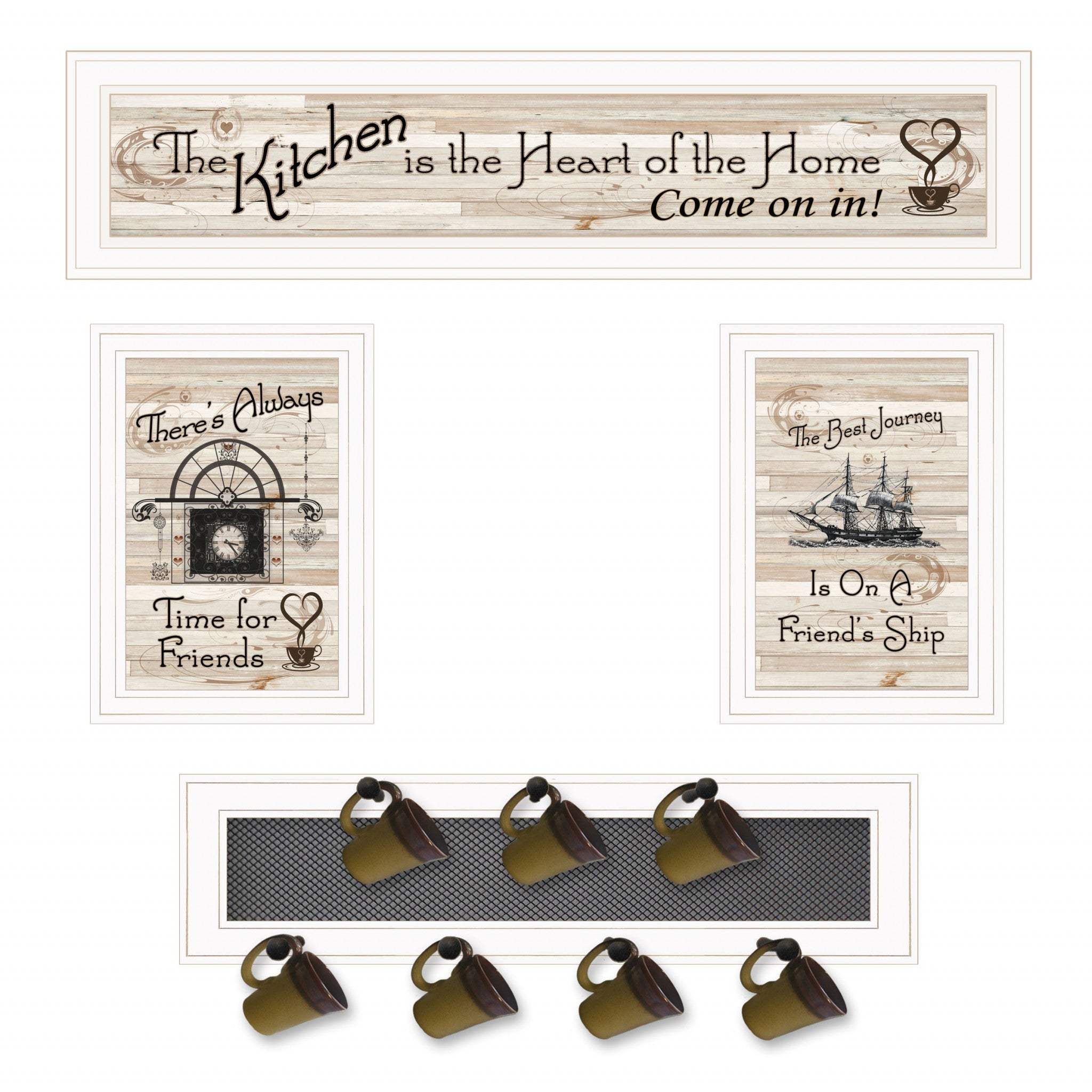 Set Of Four Kitchen Print 33x8 and Mug RackHorizonal 27x8x3 White Frame White Framed Print Kitchen Wall Art - Homeroots - Flyclothing LLC