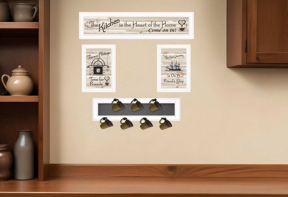 Set Of Four Kitchen Print 33x8 and Mug RackHorizonal 27x8x3 White Frame White Framed Print Kitchen Wall Art - Homeroots - Flyclothing LLC