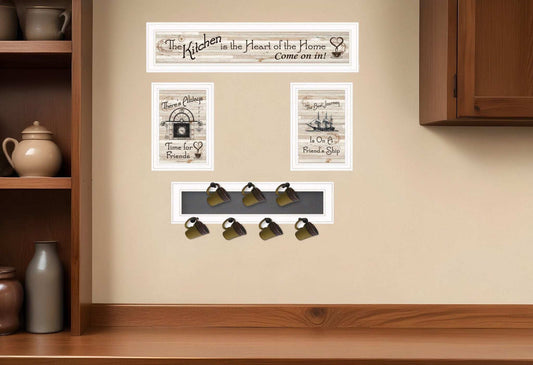 Set Of Four Kitchen Print 33x8 and Mug RackHorizonal 27x8x3 White Frame White Framed Print Kitchen Wall Art - Homeroots - Flyclothing LLC