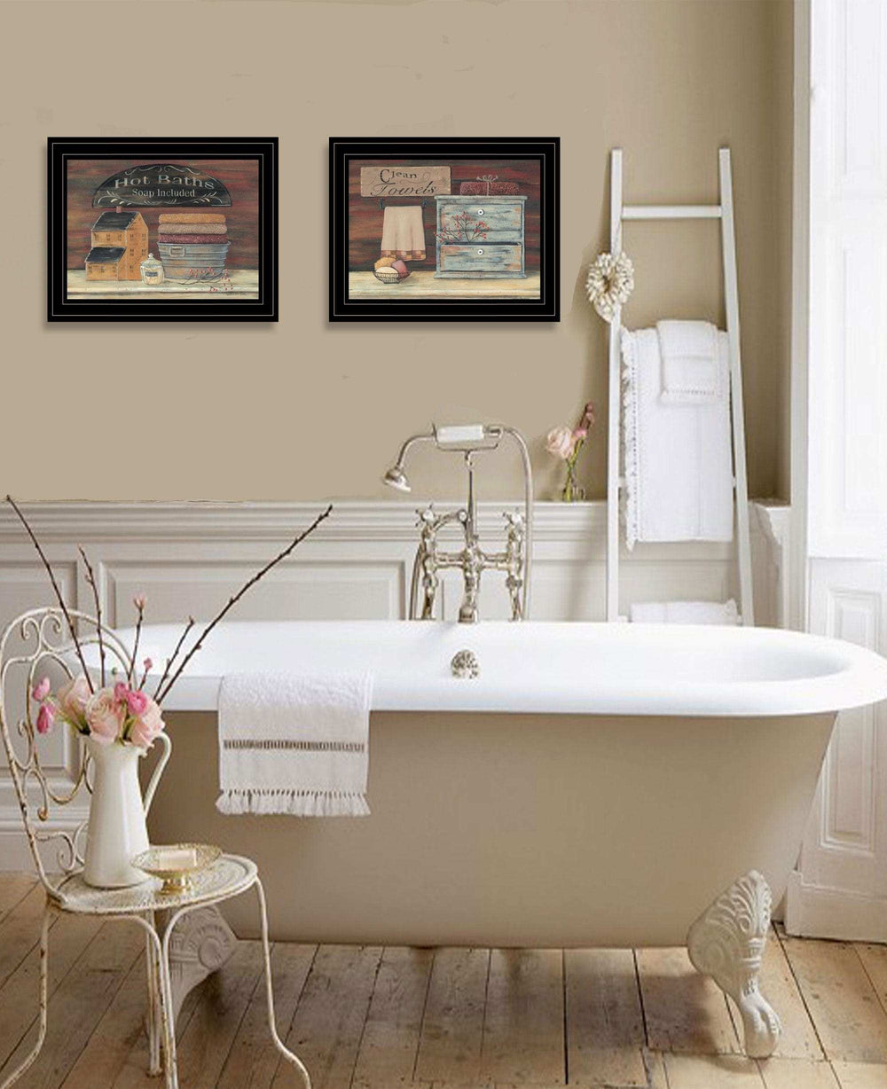 Set Of Two Hot Bath or Clean Towels 2 Black Framed Print Bathroom Wall Art - Homeroots - Flyclothing LLC
