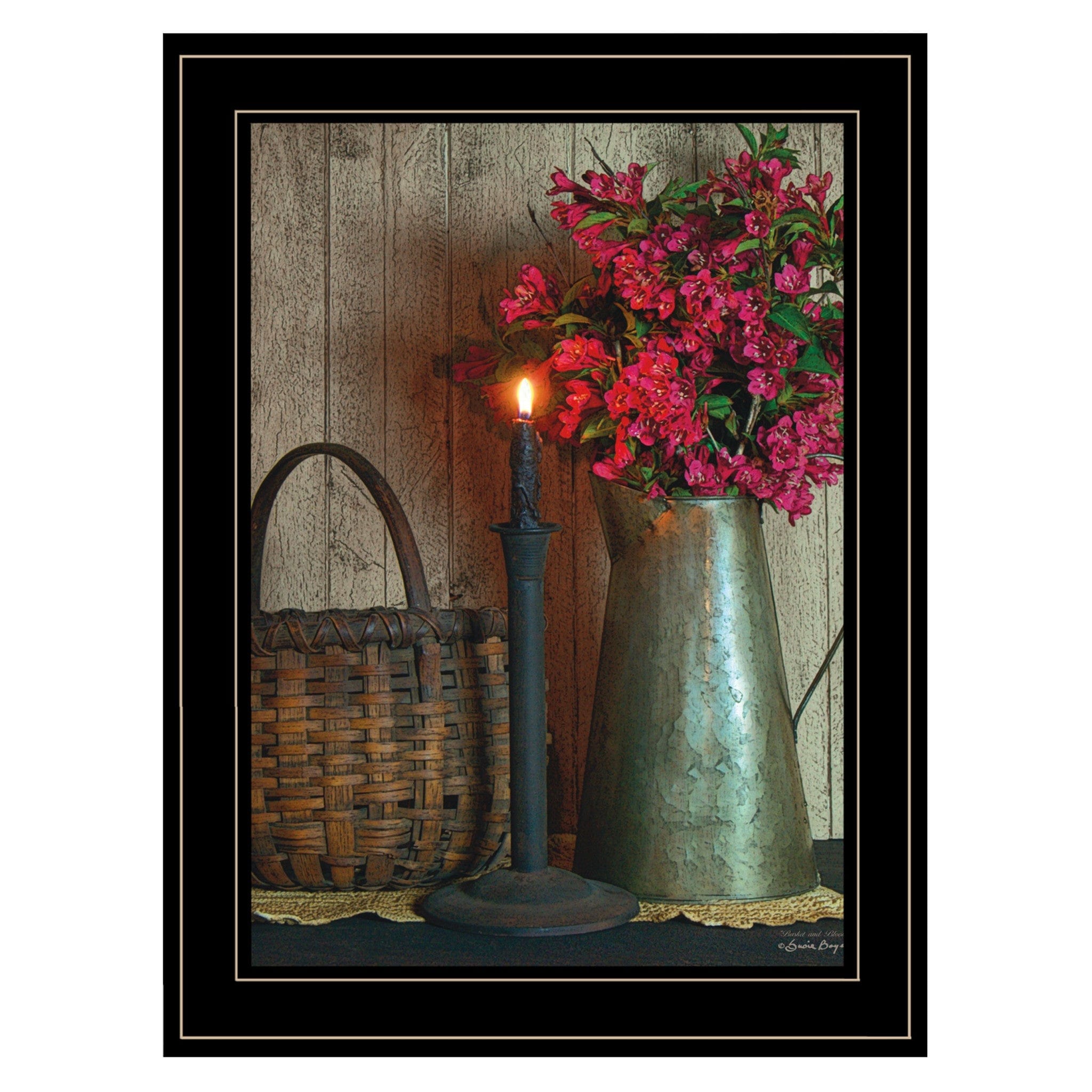 Basket and Blossoms Black Framed Print Wall Art - Homeroots