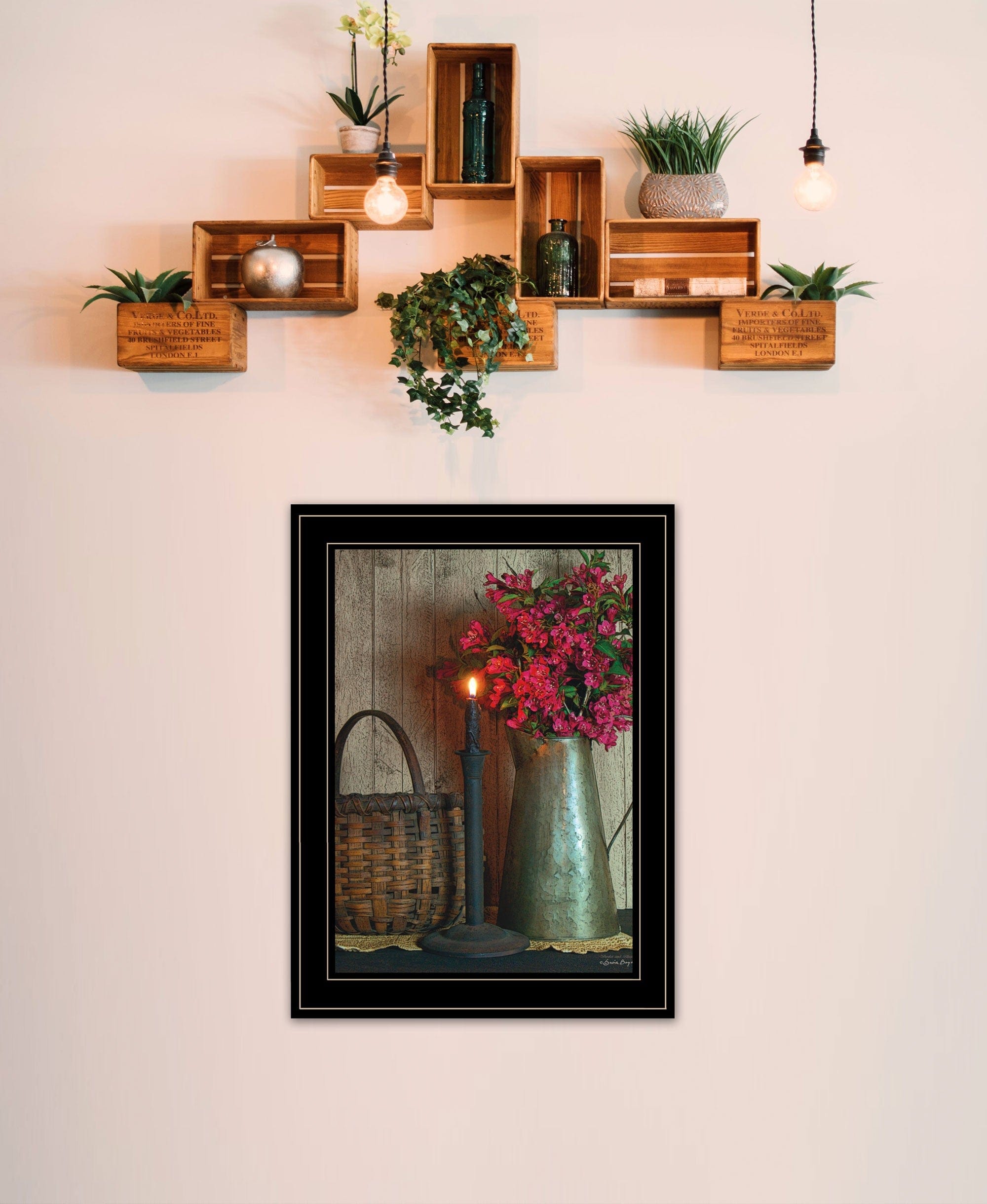 Basket and Blossoms Black Framed Print Wall Art - Homeroots