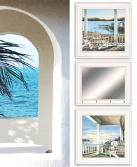 Set Of Three Lake Side White Framed Wall Art With Mirror And Hooks