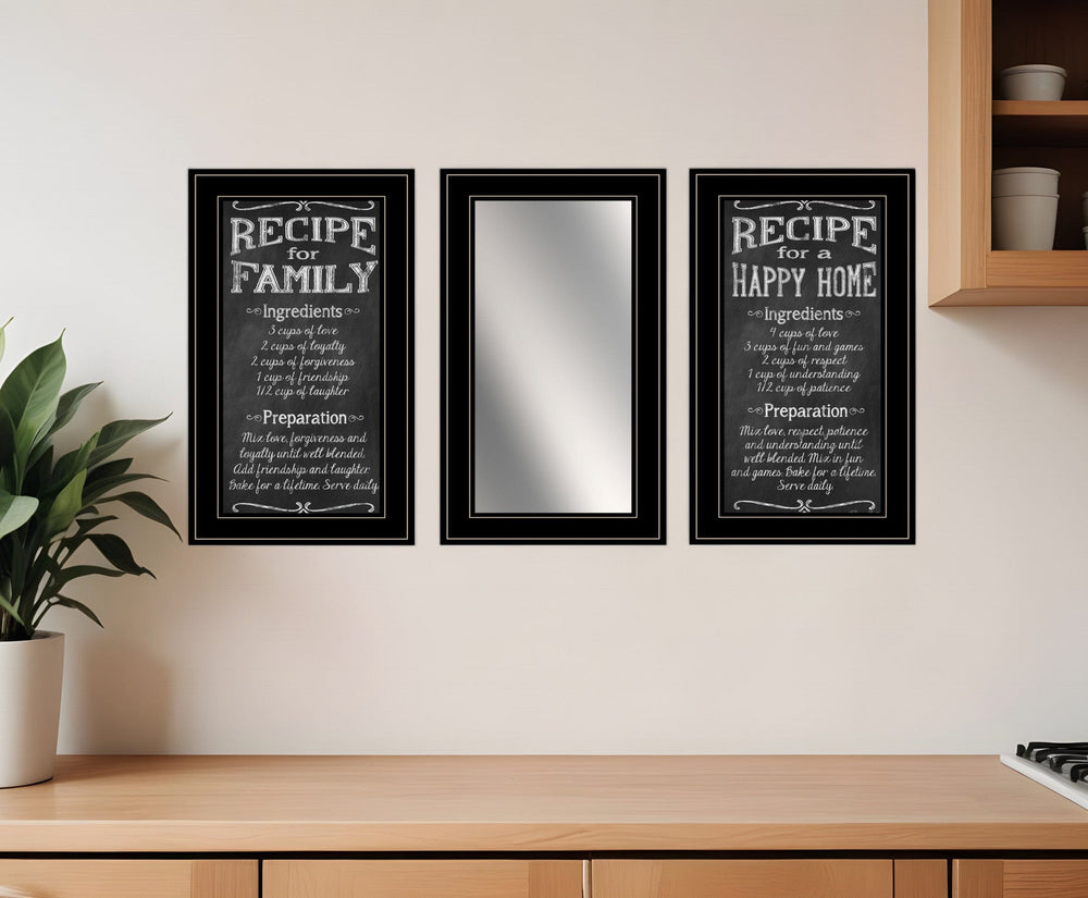 Set Of Three Family Recipe Black Framed Print Kitchen Wall Art And Mirror - Homeroots