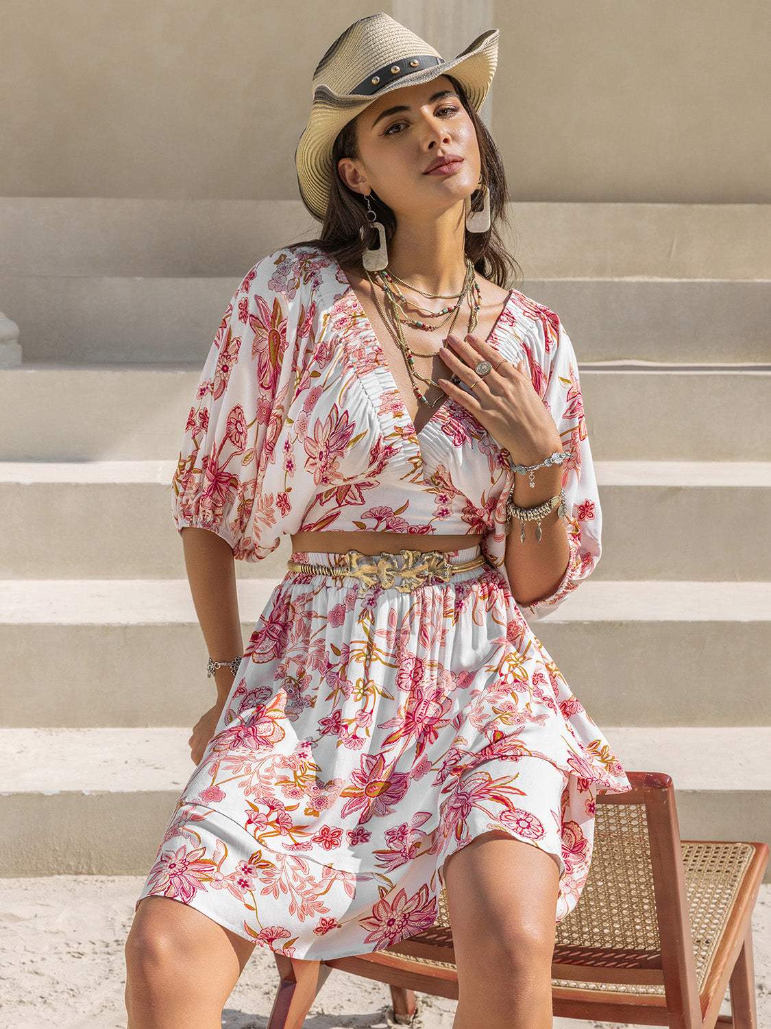 Printed Half Sleeve Top and Layered Skirt Set - Trendsi - Flyclothing LLC
