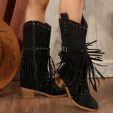 Fringe Point Toe Block Heels Boots - Trendsi - Flyclothing LLC