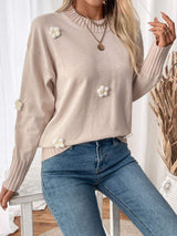 Perfee Flower Round Neck Long Sleeve Sweater - Trendsi - Flyclothing LLC