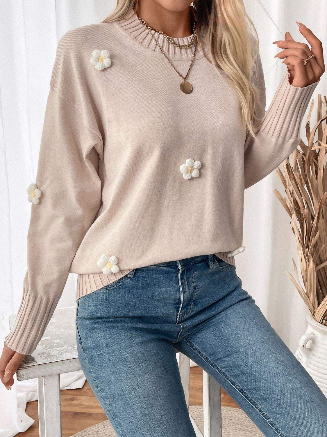 Perfee Flower Round Neck Long Sleeve Sweater - Trendsi - Flyclothing LLC