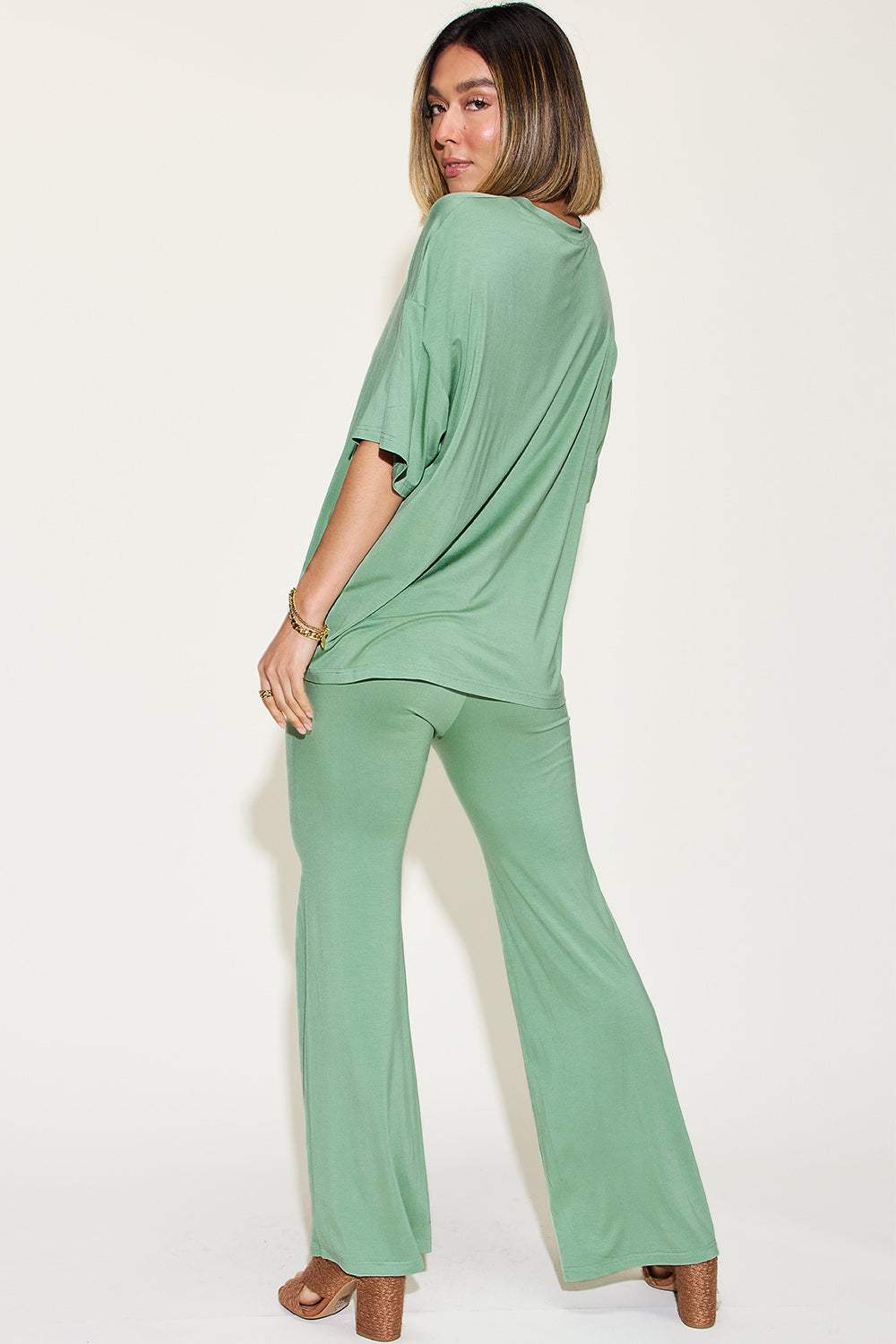 Basic Bae Full Size Bamboo Drop Shoulder T-Shirt and Flare Pants Set - Trendsi - Flyclothing LLC