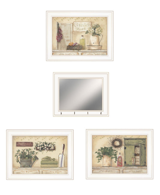 Set Of Four Garden Bath White Framed Bathroom Wall Art And Mirror With Hooks