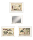 Set Of Four Garden Bath White Framed Bathroom Wall Art And Mirror With Hooks - Homeroots