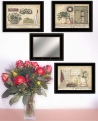 Set Of Four Garden Bath Black Framed Bathroom Wall Art And Mirror With Hooks