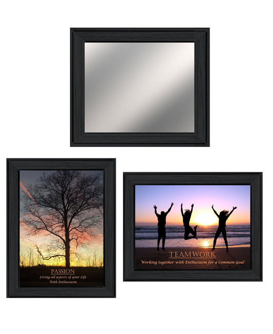 Set Of Three Passion and Teamwork Black Framed Wall Art With Mirror - Homeroots