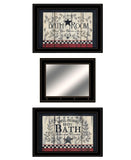 Set Of Three Hot Bath Black Framed Bathroom Wall Art With Mirror And Hooks - Homeroots