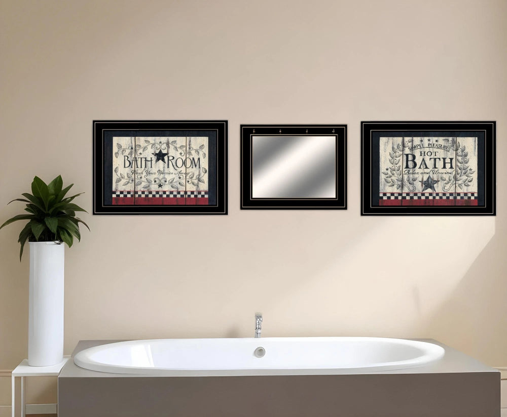 Set Of Three Hot Bath Black Framed Bathroom Wall Art With Mirror And Hooks - Homeroots
