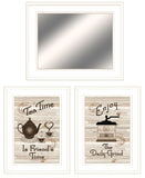 Set Of Three Coffee and Tea Time White Framed Print Kitchen Wall Art With Mirror - Homeroots
