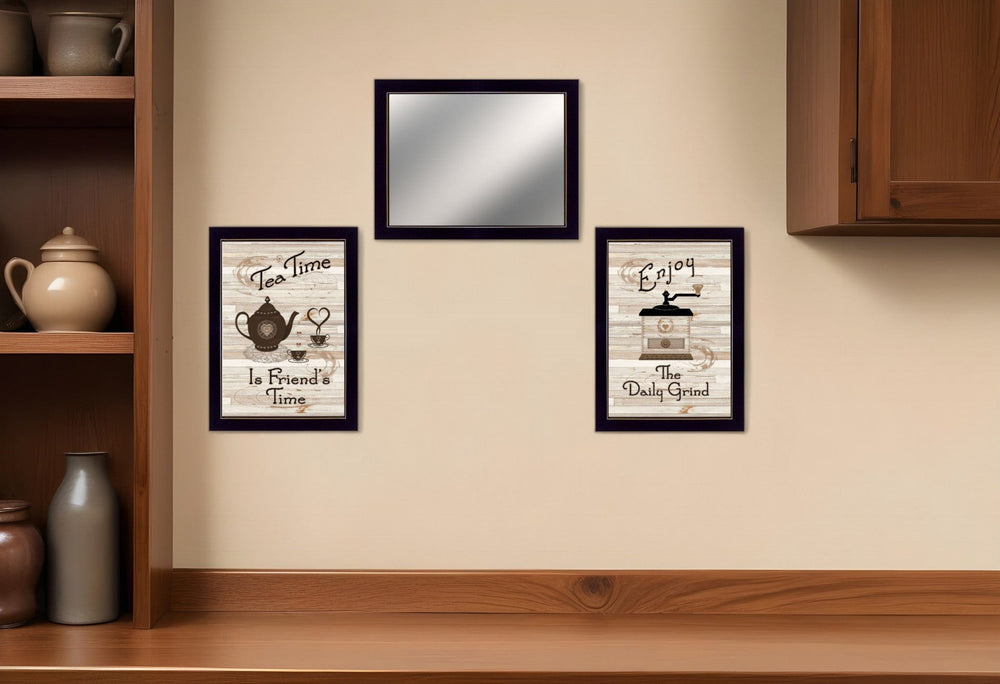 Set Of Three Coffee and Tea Time Black Framed Kitchen Wall Art With Mirror - Homeroots