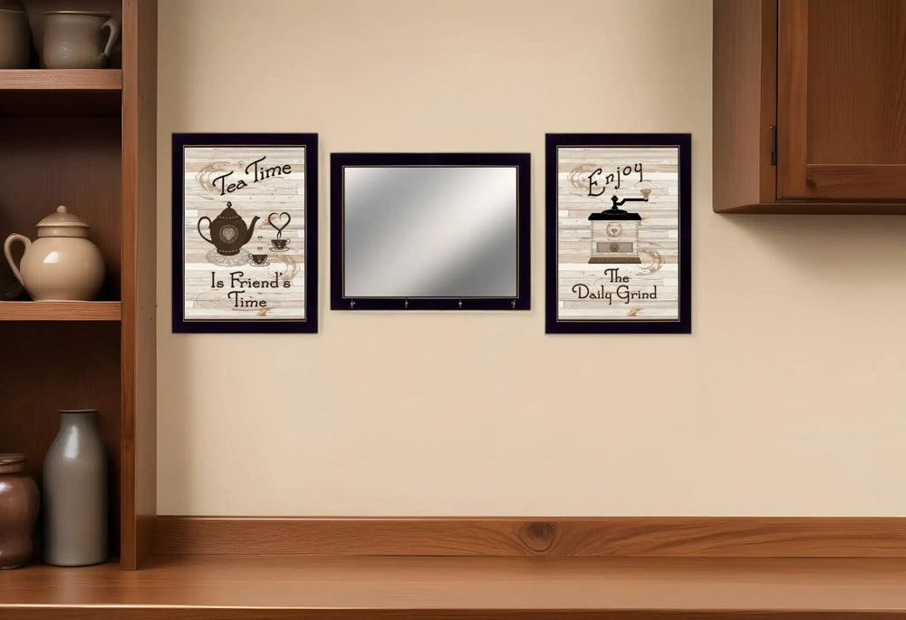 Set Of Three Enjoy Tea Time 8 Black Framed Prints and Mirror with Hooks - Homeroots