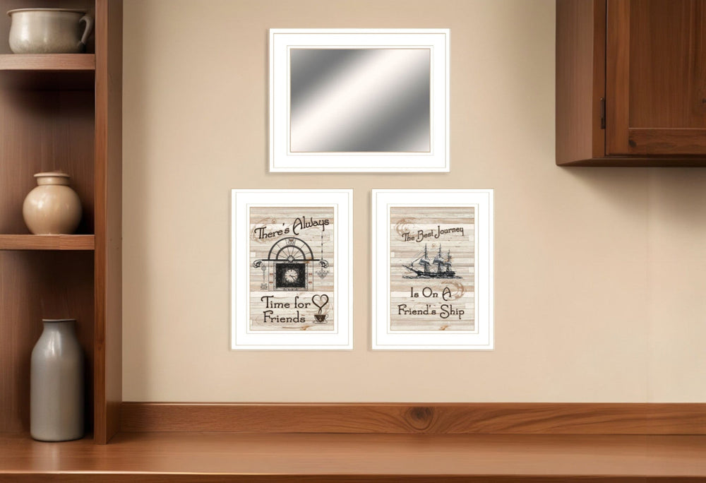Set Of Three Friendship Journey White Frame Wall Art With Mirror - Homeroots