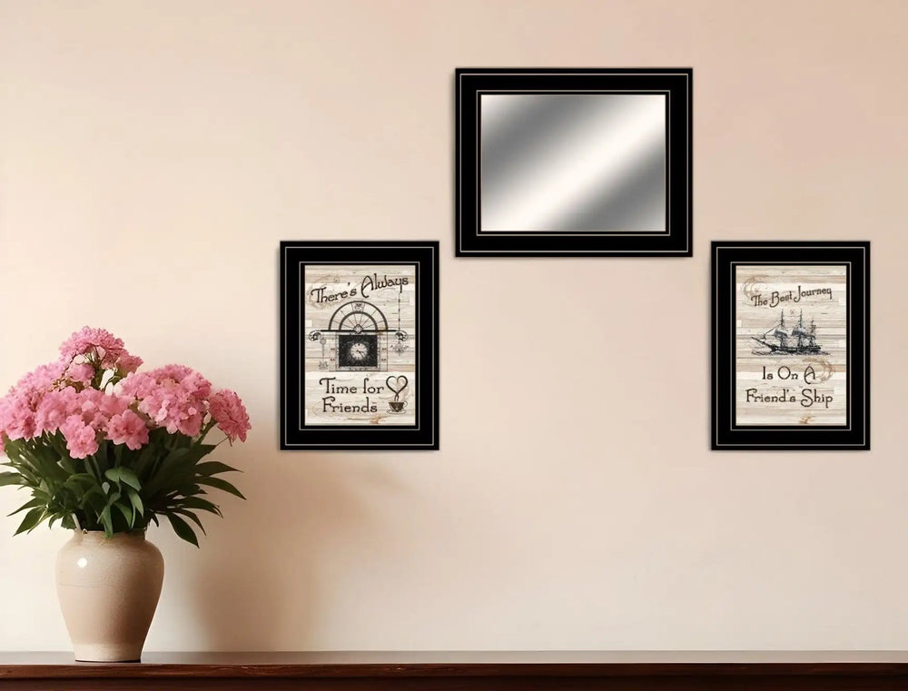 Set Of Three Friendship Journey Black Framed Wall Art With Mirror - Homeroots
