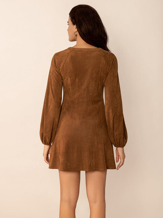 Notched Button Down Long Sleeve Mini Dress - Trendsi