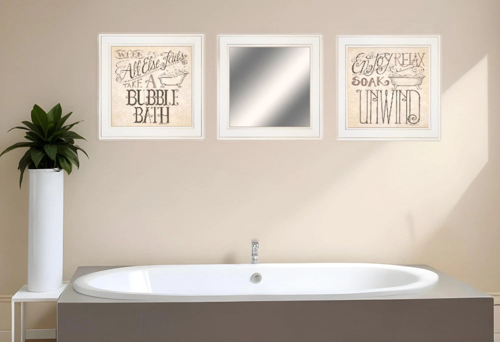 Set Of Three Soak and Unwind 1 White Framed Print Bathroom Wall Art - Homeroots