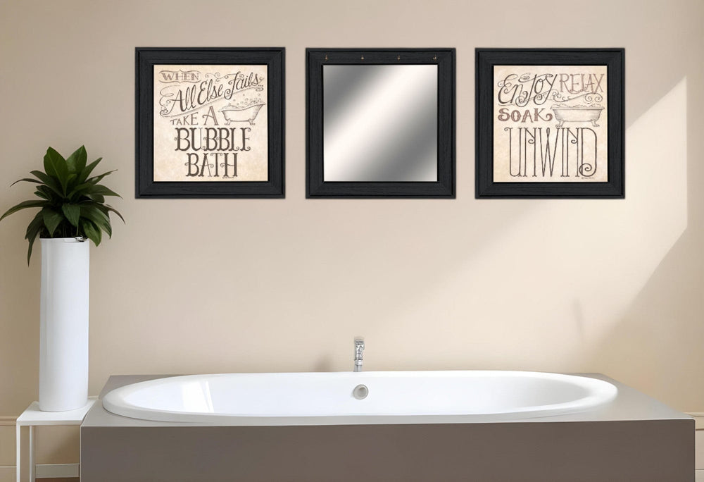 Set Of Three Soak and Unwind 3 Black Framed Print Bathroom Wall Art - Homeroots