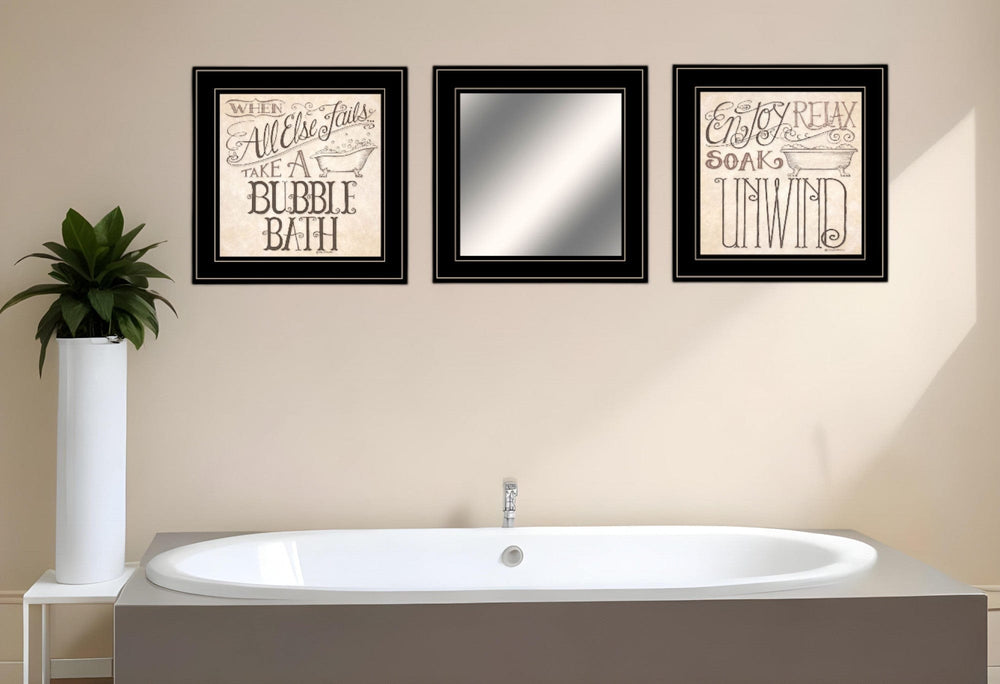 Set Of Three Soak and Unwind 4 Black Framed Print Bathroom Wall Art - Homeroots