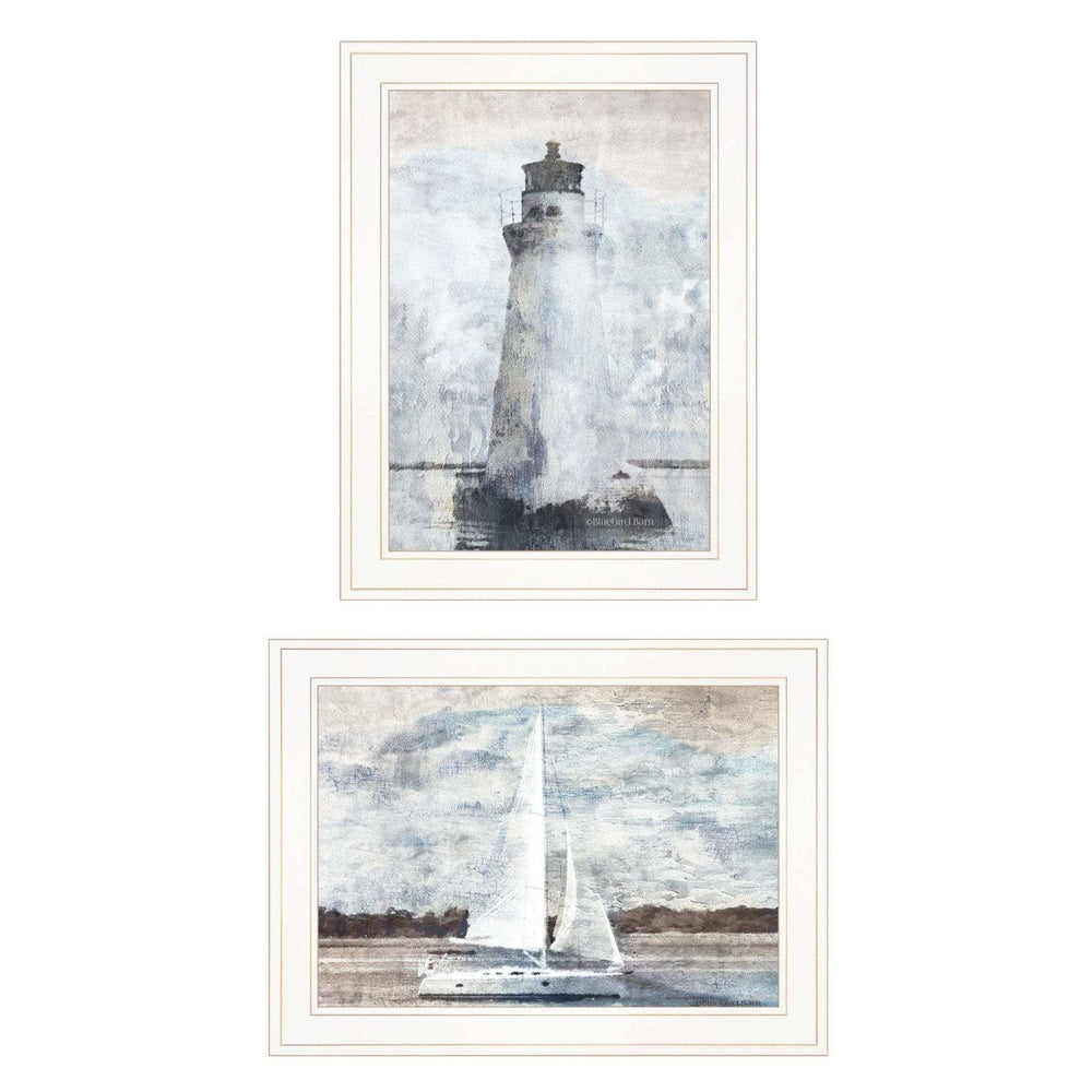 Set Of Two Lighthouse Sailboat 1 White Framed Print Wall Art - Homeroots - Flyclothing LLC