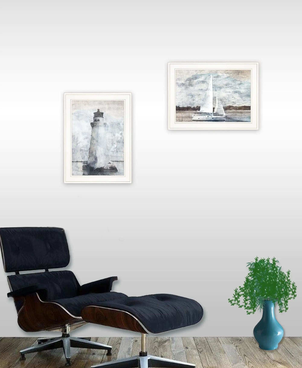 Set Of Two Lighthouse Sailboat 1 White Framed Print Wall Art - Homeroots - Flyclothing LLC