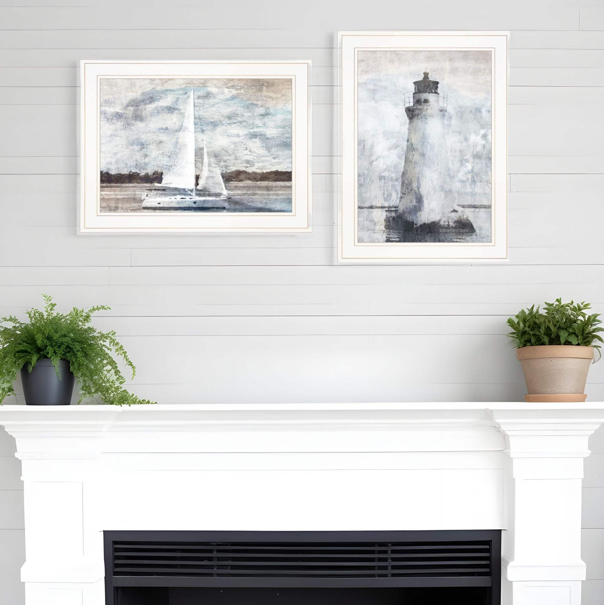 Set Of Two Lighthouse Sailboat 1 White Framed Print Wall Art - Homeroots - Flyclothing LLC