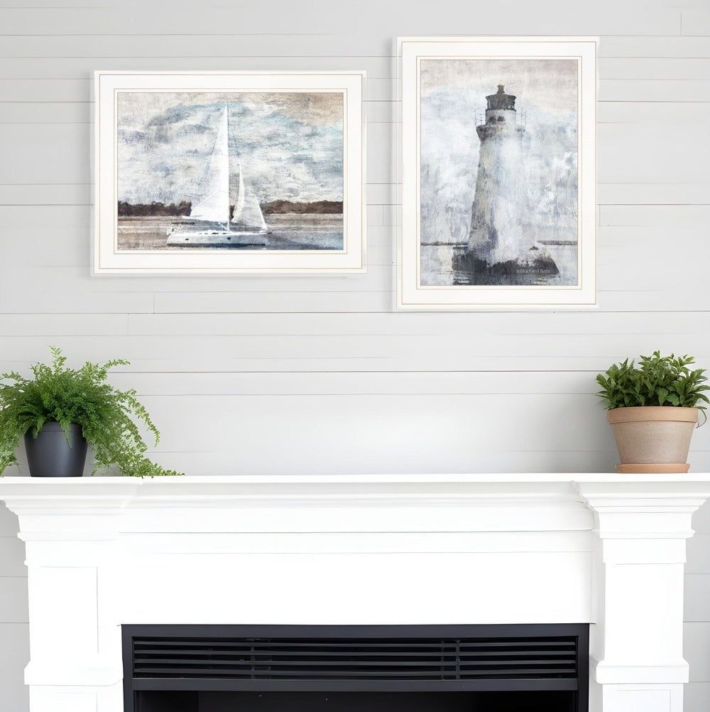 Set Of Two Lighthouse Sailboat 1 White Framed Print Wall Art - Homeroots