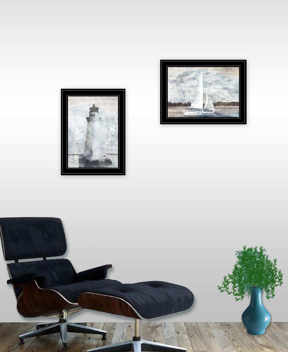 Set Of Two Lighthouse Sailboat 2 Black Framed Print Wall Art - Homeroots - Flyclothing LLC