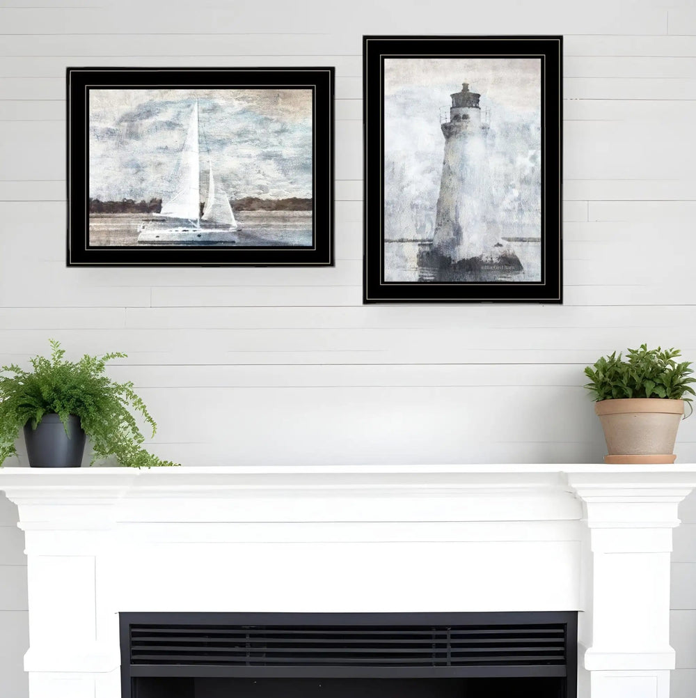Set Of Two Lighthouse Sailboat 2 Black Framed Print Wall Art - Homeroots