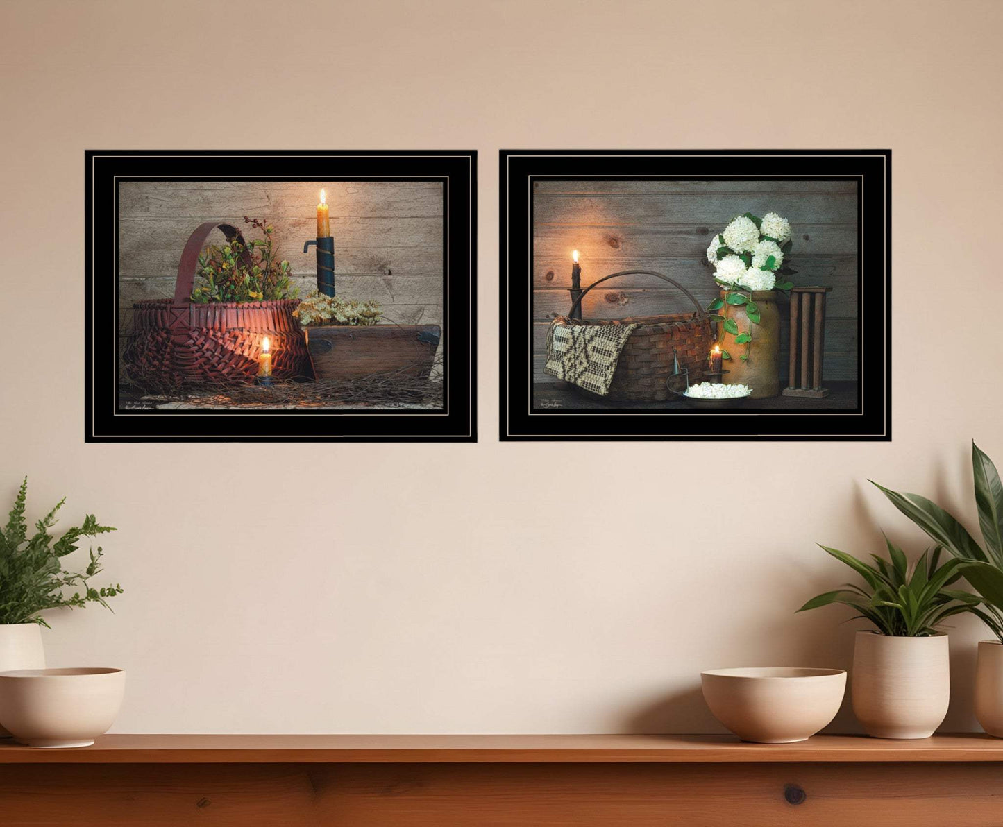 Set Of Two Baskets and Flowers Black Framed Print Wall Art - Homeroots - Flyclothing LLC