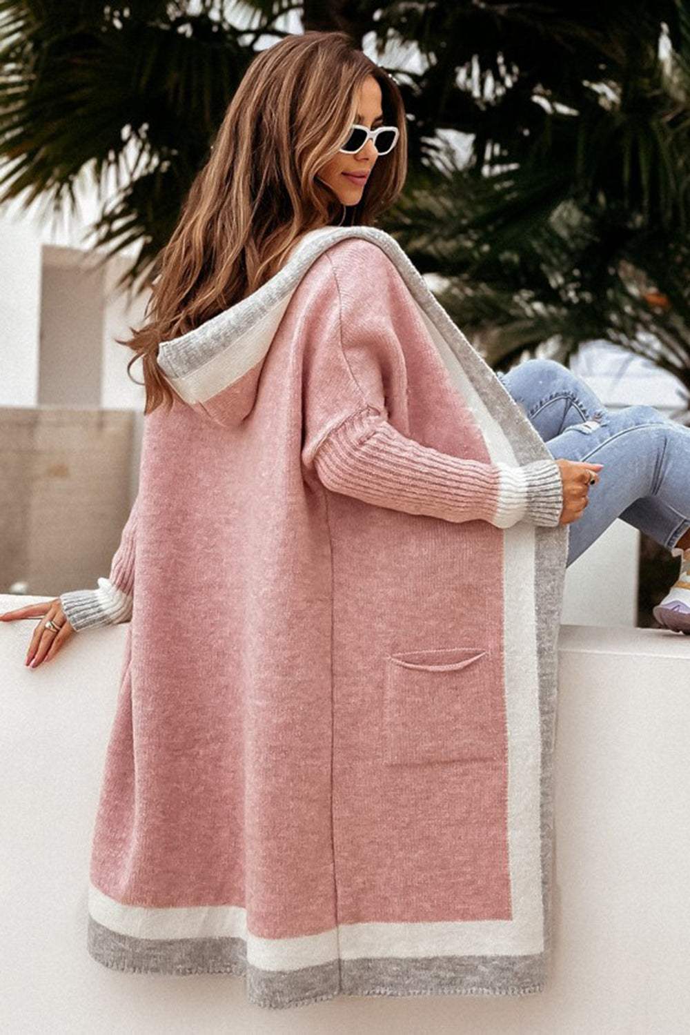 Pocketed Contrast Long Sleeve Hooded Cardigan - Trendsi - Flyclothing LLC