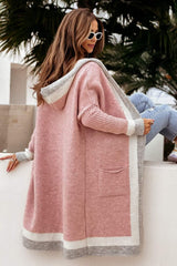 Pocketed Contrast Long Sleeve Hooded Cardigan - Trendsi - Flyclothing LLC