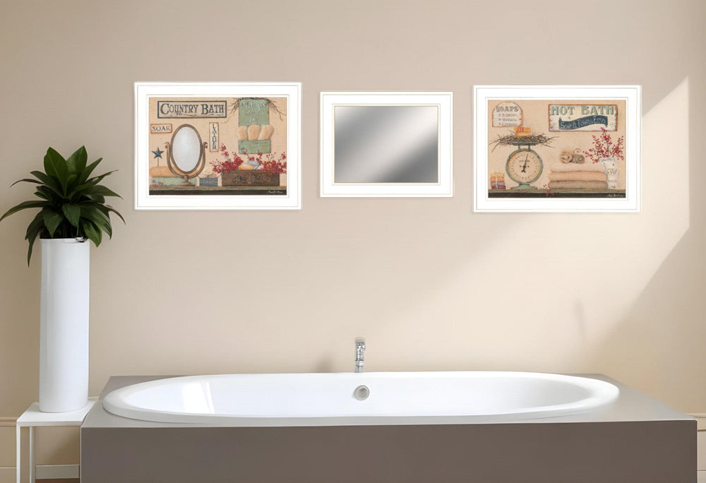 Set Of Three Wash Room White Rim Frame Bathroom Wall Art with Mirror - Homeroots