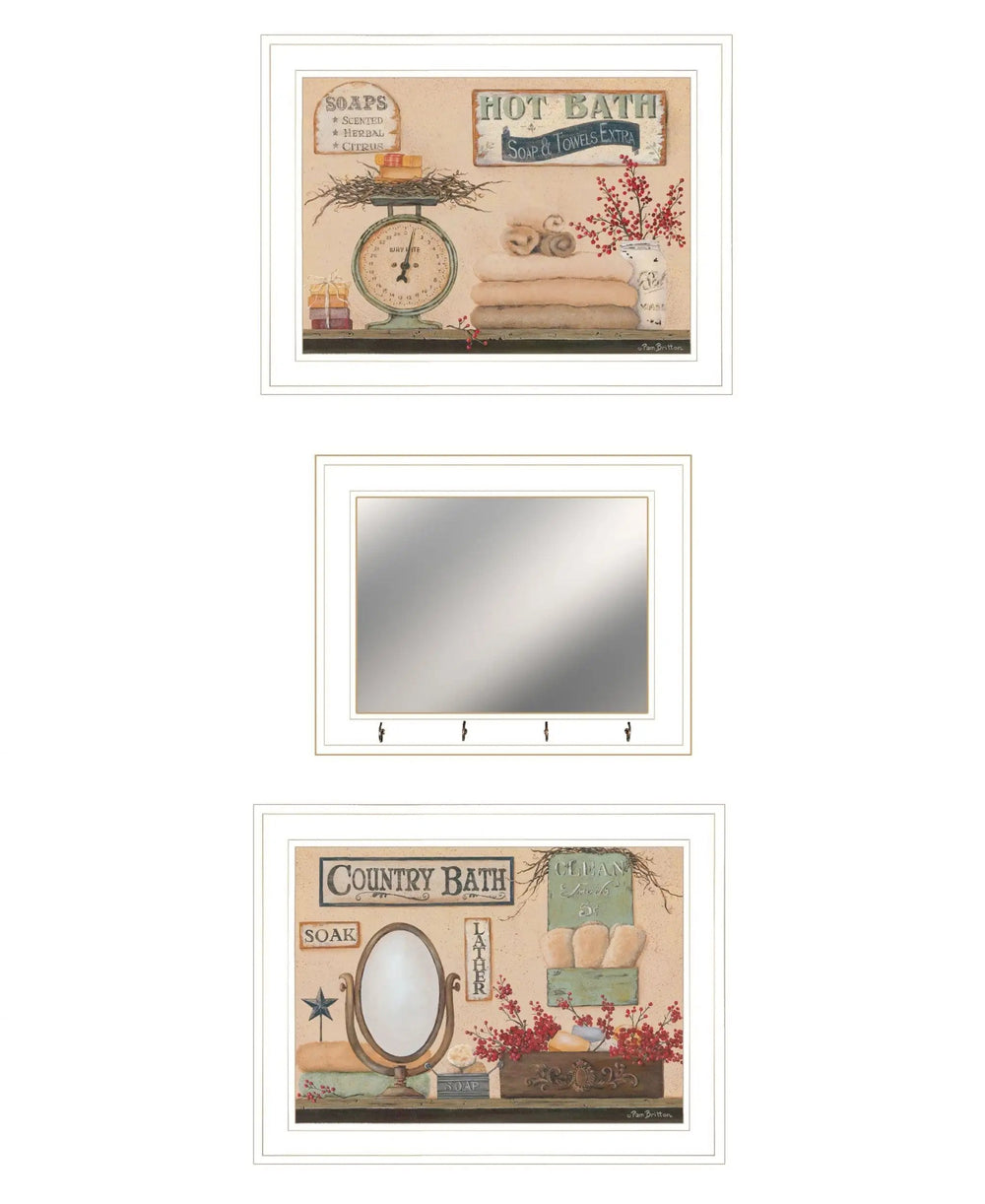 Set Of Three Wash Room White Rim Frame Bathroom Wall Art with Hooks - Homeroots