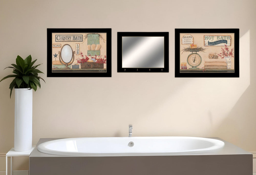 Set Of Three Wash Room Black Frame Bathroom Wall Art with Hooks - Homeroots