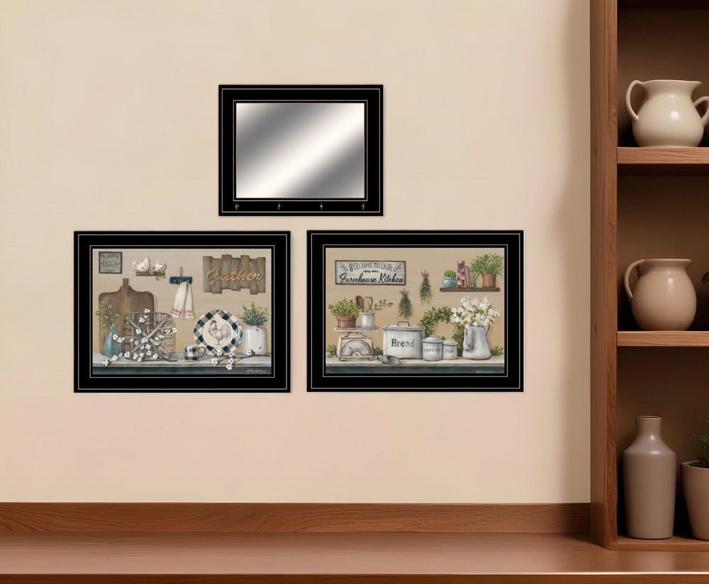 Set Of Three Farmhouse Kitchen Black Framed Kitchen Wall Art With Mirror And Hooks - Homeroots