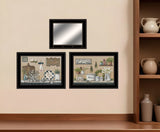 Set Of Three Farmhouse Kitchen Black Framed Kitchen Wall Art With Mirror And Hooks - Homeroots