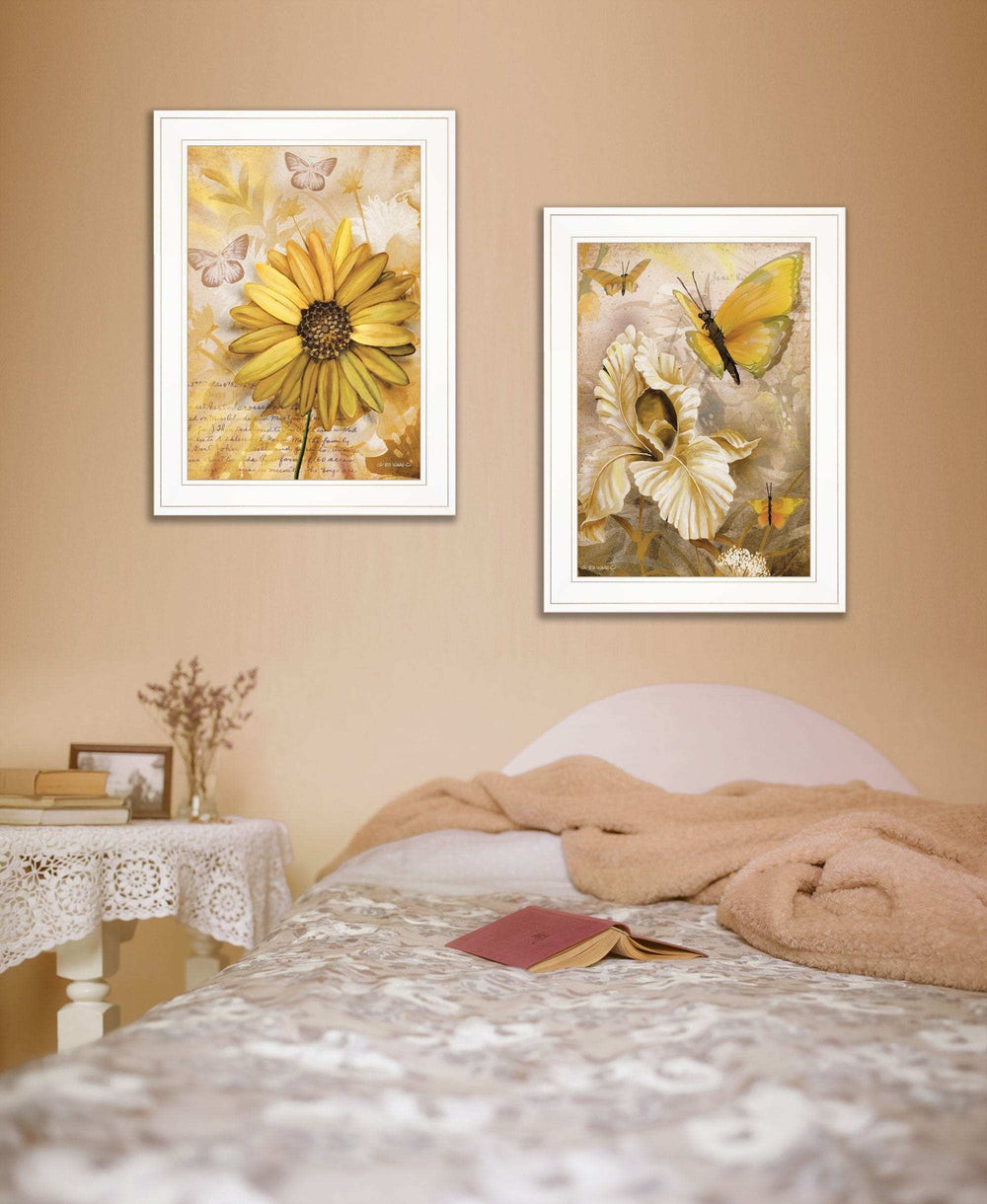Set Of Two Yellow Flowers And Butterflies White Framed Print Wall Art - Homeroots - Flyclothing LLC