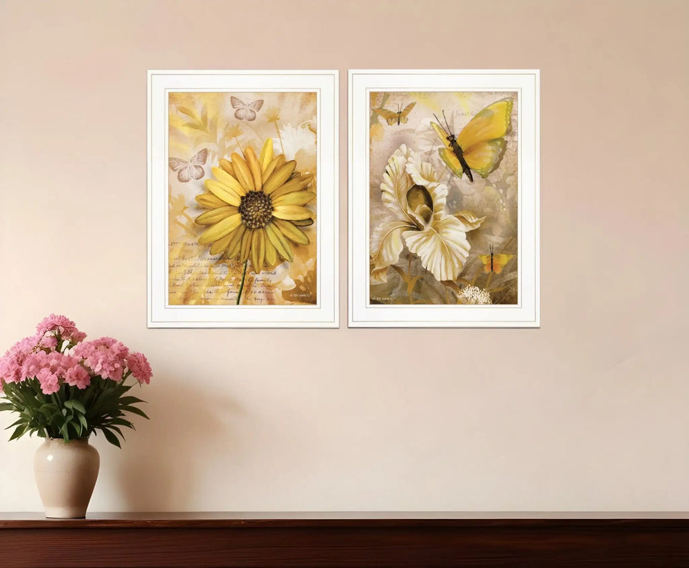 Set Of Two Yellow Flowers And Butterflies White Framed Print Wall Art - Homeroots