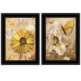 Set Of Two Flowers and Butterflies 2 Black Framed Print Wall Art - Homeroots