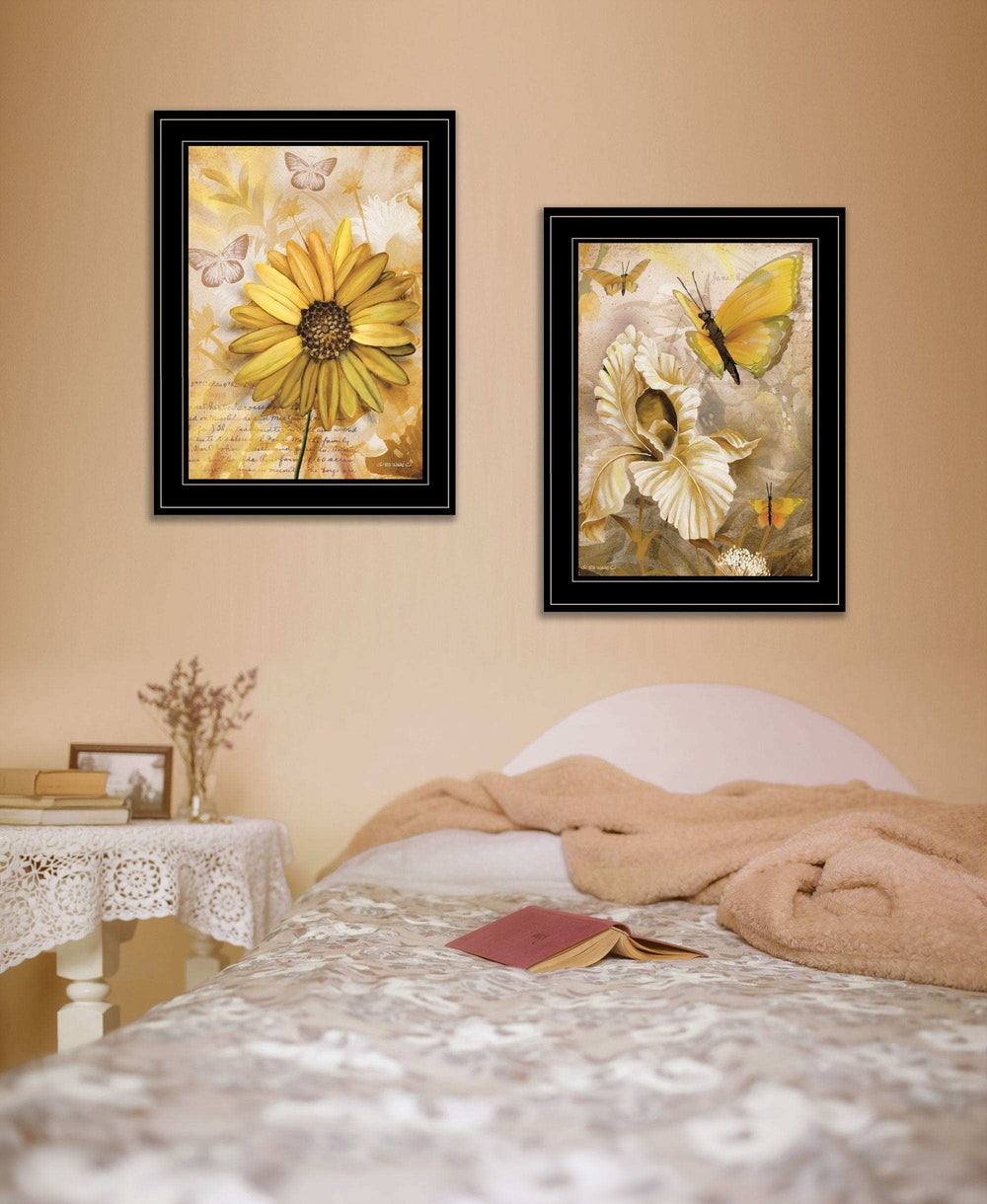 Set Of Two Flowers and Butterflies 2 Black Framed Print Wall Art - Homeroots - Flyclothing LLC