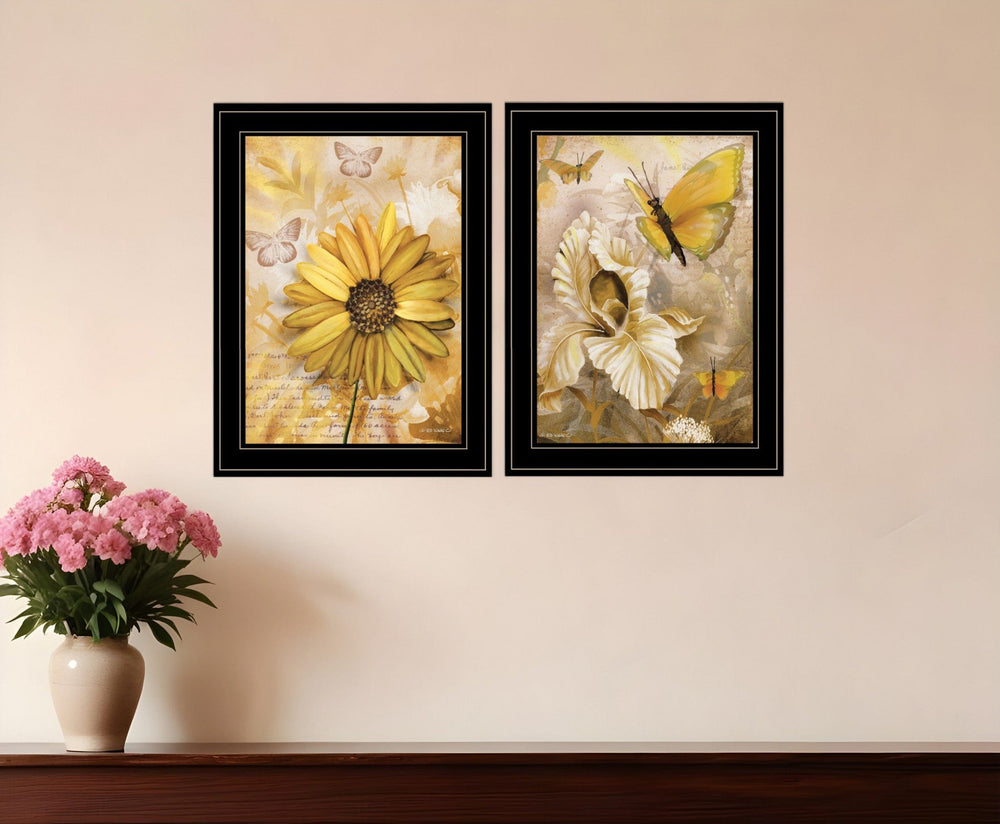 Set Of Two Flowers and Butterflies 2 Black Framed Print Wall Art - Homeroots