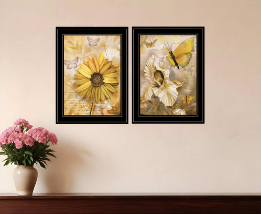 Set Of Two Flowers and Butterflies 2 Black Framed Print Wall Art - Homeroots - Flyclothing LLC